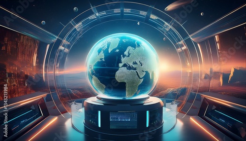 A futuristic weather control station featuring holographic screens displaying real-time atmospheric data, showcasing advanced climate monitoring and weather prediction technology