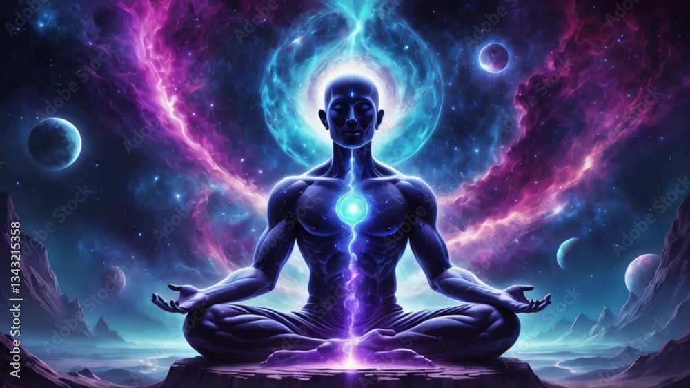 Meditating cosmic being with pulsating energy aura in space