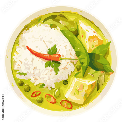 Thai green curry rice illustration plate vector