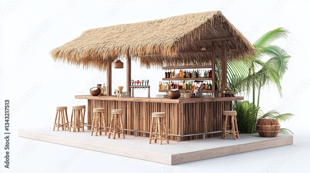 Fototapeta premium Tropical bar with thatched roof, wooden structure, and palm plants, designed for leisure and relaxation in a beach setting.
