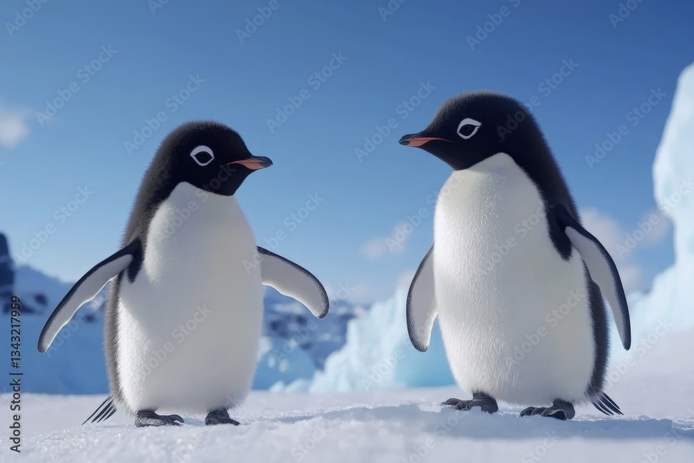 Fototapeta premium Two penguins interact on a snowy landscape under a clear blue sky in the Antarctic region during the day