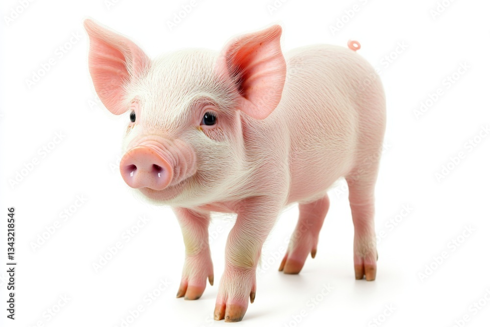 Piglet standing on white surface in a bright, indoor setting with soft lighting, showcasing its pink skin and curious expression Piglet standing on white surface in a bright, indoor setting with soft lighting, showcasing its pink skin and curious expression