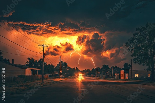 Fototapeta Naklejka Na Ścianę i Meble -  Stormy night street scene.  A dramatic  nighttime view of a street in a small town,  lit by a powerful thunderstorm.  Lightning illuminates the clouds and road ahead