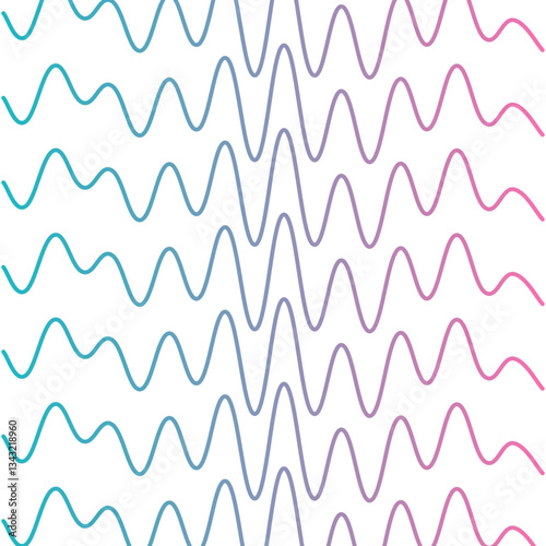 Abstract wavy lines in gradient shades of blue and pink, creating a rhythmic pattern on a white background.