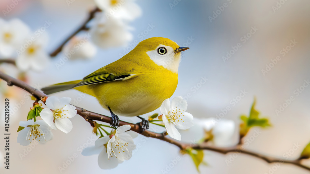 Naklejka premium Japanese White-eye Bird Amidst Blooming Plum Blossoms