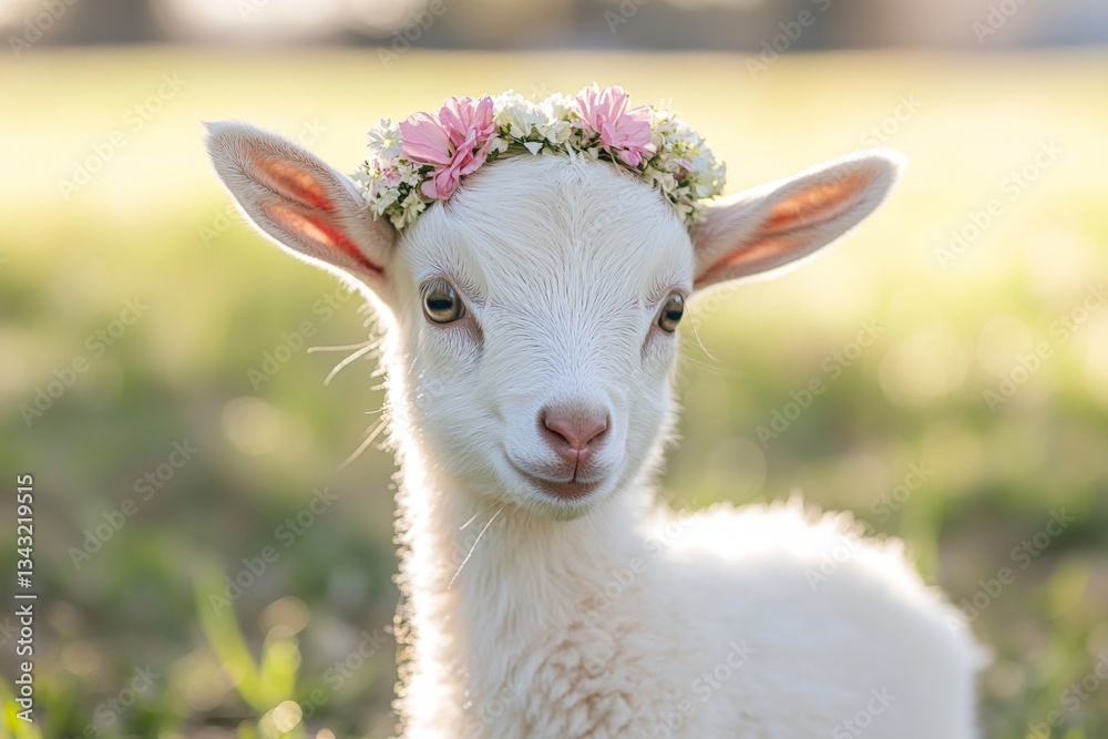 Fototapeta premium Cute goat with a flower crown enjoying a sunny day in a grassy field