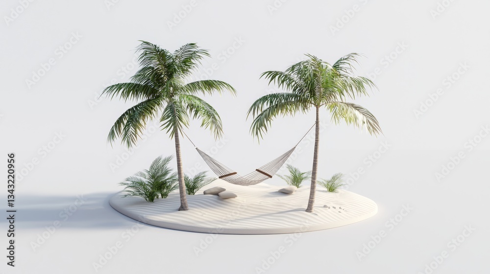 Obraz premium Serene tropical scene featuring palm trees, a hammock, and a sandy area, perfect for relaxation and leisure.