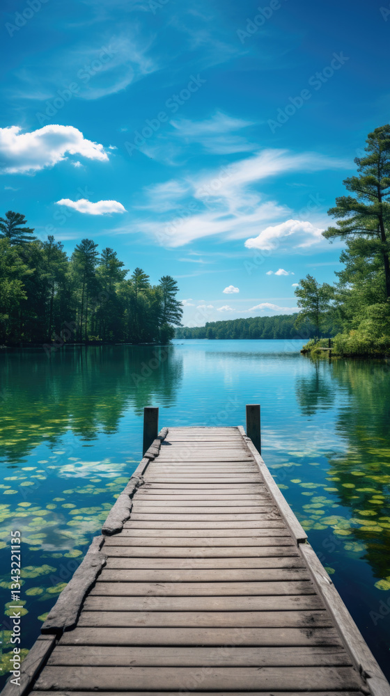 Obraz premium Summer tranquility at a serene lake dock with lush greenery