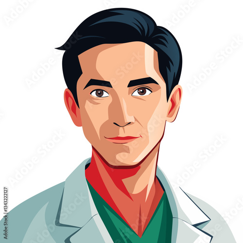 A male doctor wearing a white coat and scrubs presents a warm smile, embodying professionalism and care in a clinical environment. He appears confident and approachable