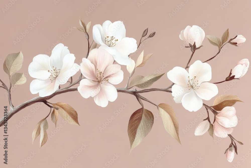 Fototapeta premium Delicate blossoms on a branch with soft hues and subtle texture in a serene setting