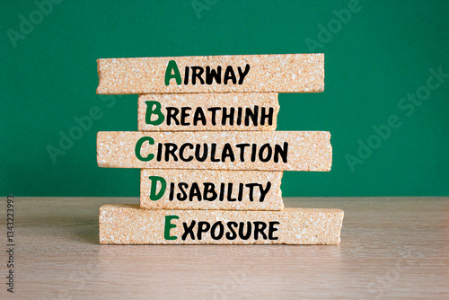 The expression Airway, Breathing, Circulation, Disability, Exposure on brick blocks. Beautiful green background, wooden table. Symbol for pediatric assessment.