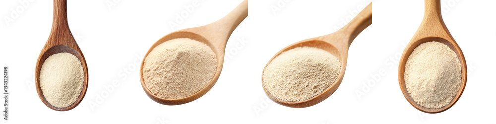 Close up view of four wooden spoons containing different types of fine powdery food ingredients such as flour ground grain or baking supplies on a plain white background Close up view of four wooden spoons containing different types of fine powdery food ingredients such as flour ground grain or baking supplies on a plain white background