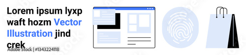 Browser window layout, fingerprint authentication, and shopping bags showcasing e-commerce, security, and UI design. Ideal for technology, security, retail, web interface data biometrics simple