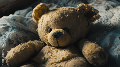 A detailed shot of a teddy bearâs soft, worn-out fabric, exuding childhood nostalgia.