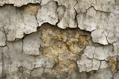 Cracked wall surface revealing layers of texture and color in urban environment