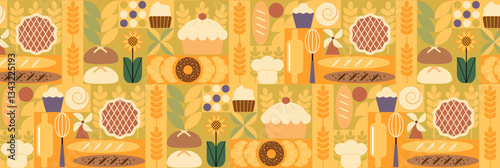 Bakery bread pattern abstract. Pastries and dessert in trendy geometric style - seamless pattern with icons related to bakery, cafe, cupcakes and templates