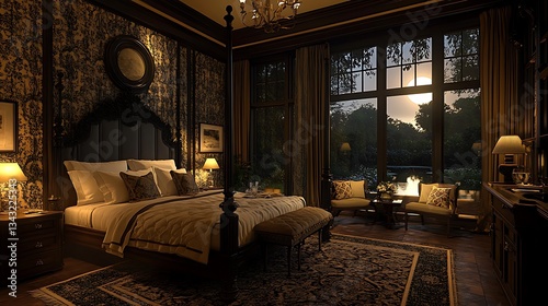 A stylish guest suite with a four-poster bed, patterned wallpaper, and a private seating area overlooking a moonlit garden