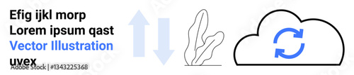 Cloud with sync icon, arrows indicating data transfer, stylized plant, and text elements. Ideal for data exchange, cloud storage, synchronization, technology, connectivity digital transformation