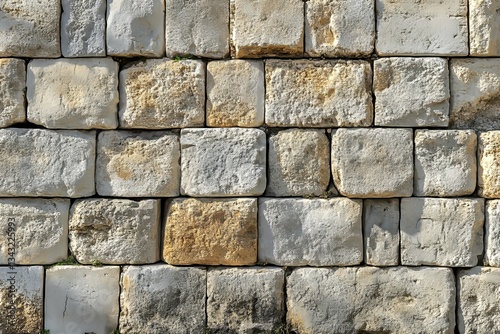 Close up photograph showing stacked square stone block construction