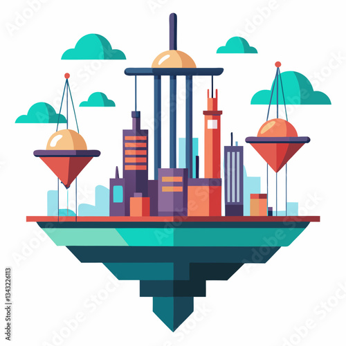 floating cityscape with suspended platforms