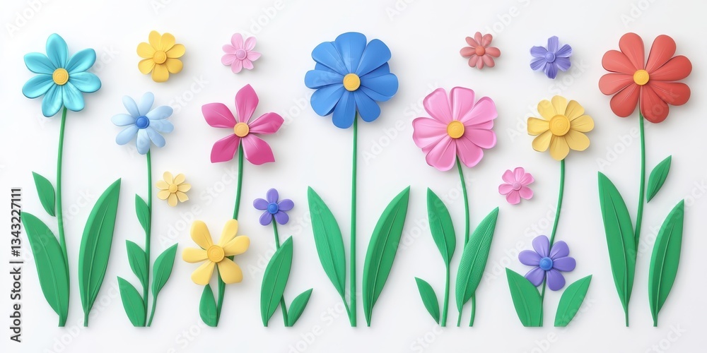 Obraz premium 3d illustration of spring flowers on grass field, daisy and tulips on green grass. Cartoon modern style