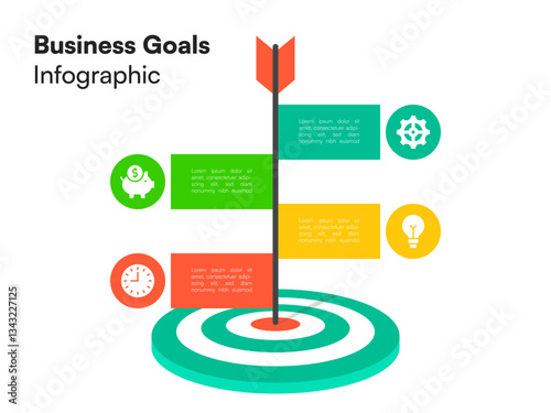 Vertical Goal Infographic with Red Arrow and Colored Step Boxes Leading to Target Center with Icons