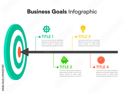 Horizontal Business Goal Infographic with Flat Icons and Arrow Target Path