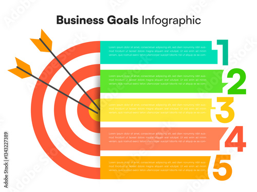Business Goals Infographic with Five Horizontal Colored Sections and Three Arrows Hitting Central Target