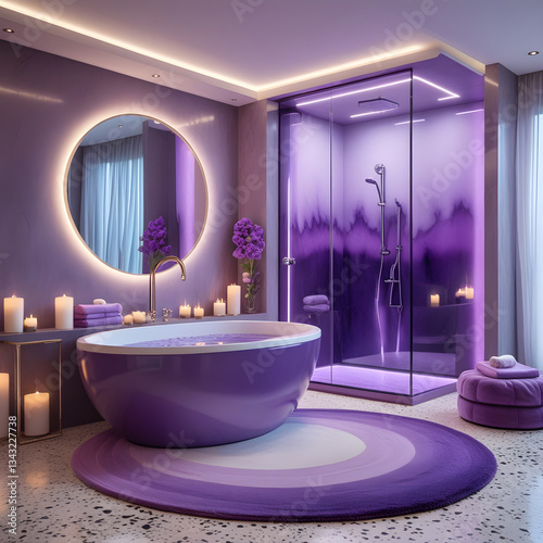 Step into a world of modern luxury with this hyper-realistic 3D-rendered bathroom. This sophisticated and high-end space features a circular bathtub in a rich, elegant hue