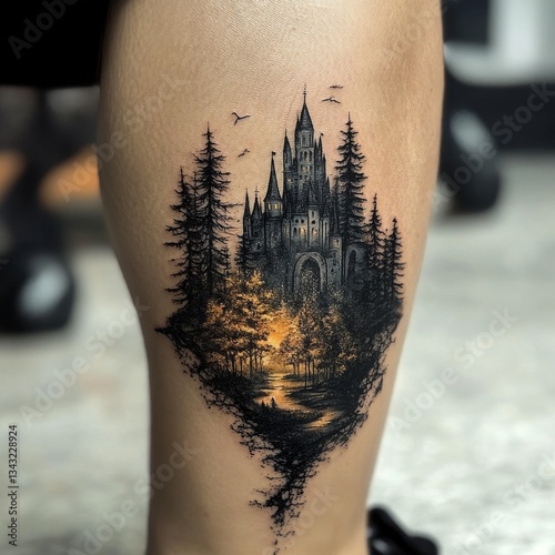 Detailed Castle and Forest Scene Tattoo on Leg Depicting Enchanting Wilderness and Gothic Architecture