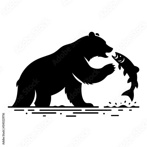 Bear catching fish silhouette on white background