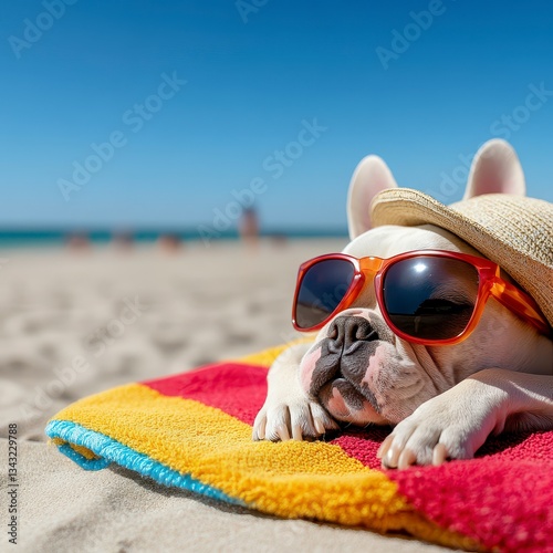 Relaxed French Bulldog in Sunglasses on a Beach Towel