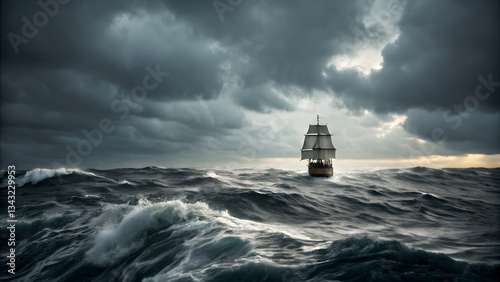 Gulf Stream Collapseâ€‹â€‹ship sails through turbulent waters stormy sky, evoking sense of adventure