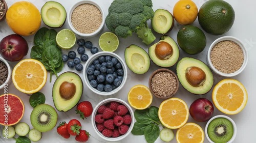 Assorted fresh fruits, vegetables, and seeds arranged on a marble surface, showcasing vibrant nutrition. Superfoods, plant-based diet, clean eating
