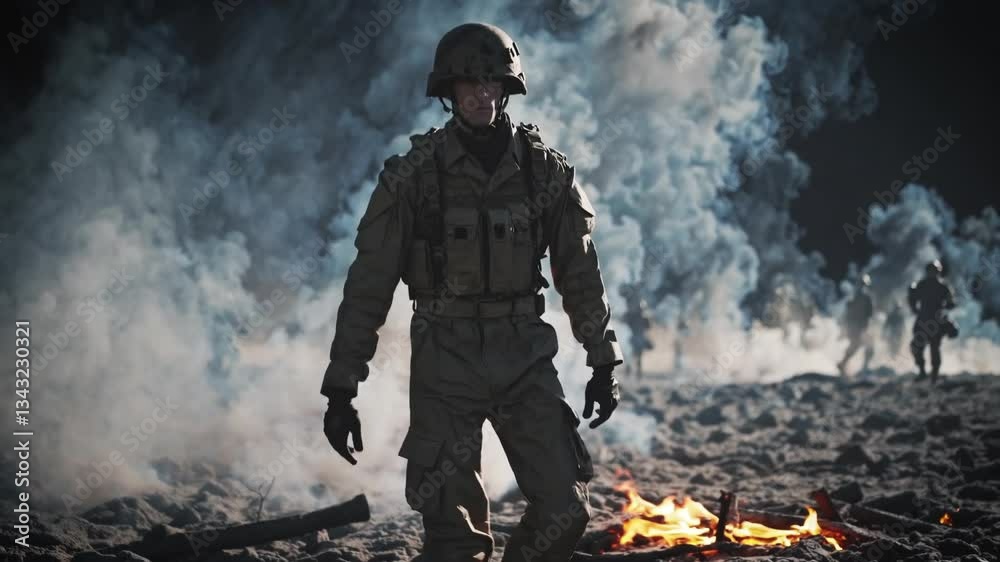 A determined soldier in full combat gear walks through a battlefield with rising smoke and fire. The intense scene captures resilience, conflict, and the harsh realities of war