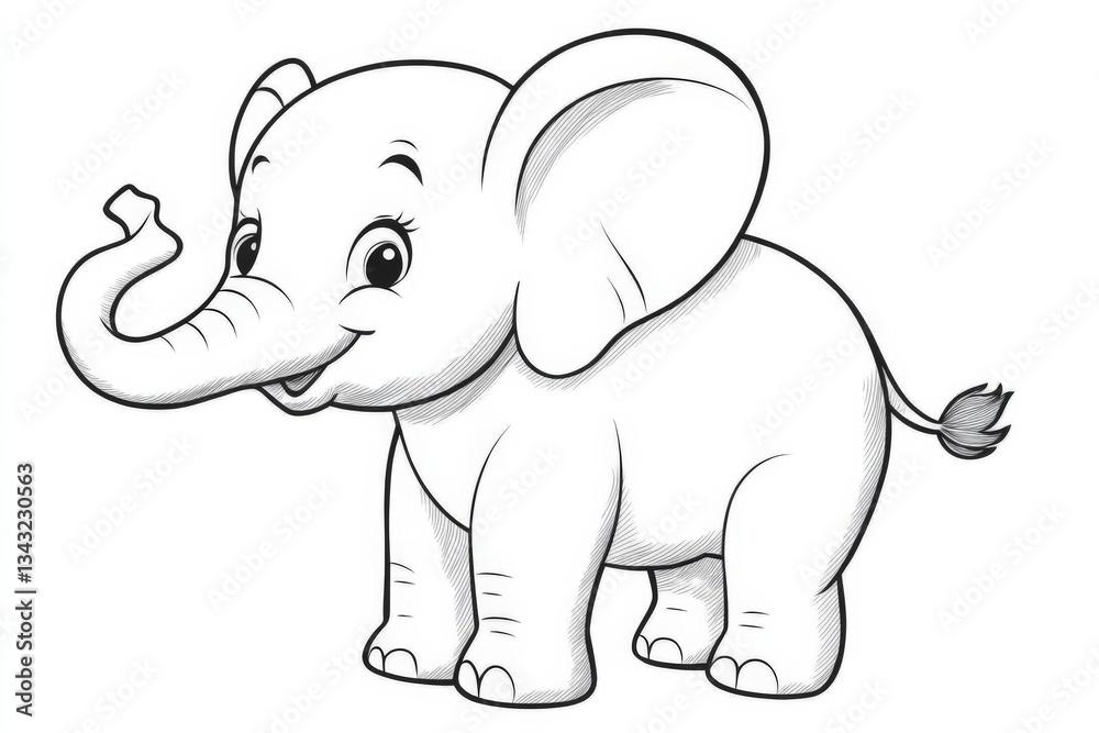 Fototapeta premium Cute baby elephant character designed for coloring with a cheerful expression and playful pose in a simple illustration style