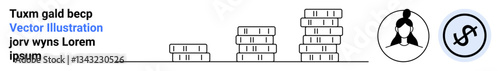 Stacked coins aligned from small to large, female avatar next to a dollar icon. Ideal for finance, savings, investment, business planning, wealth management, banking, simple landing page