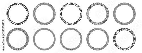 Collection of round greek key decorative vintage border frames. Circle frame with simple meander pattern. Decorative border, made of continuous lines, shaped into a seamless motif. 
