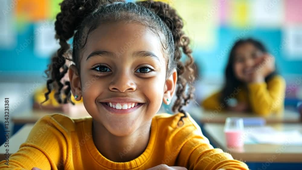 Charming elementary student in class with infectious smile ready for education and successful future Charming elementary student in class with infectious smile ready for education and successful future