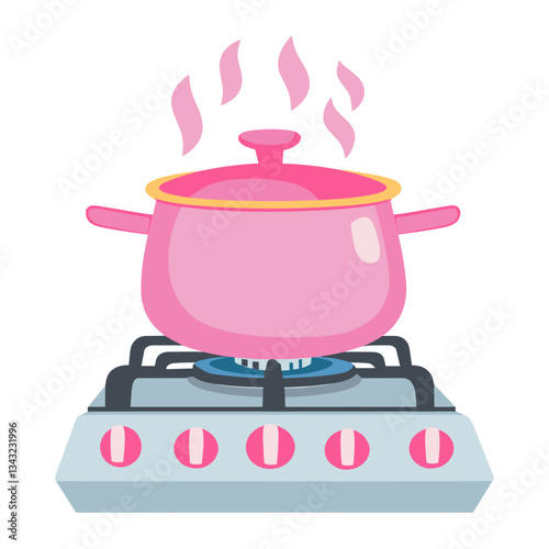 Kitchen pot on gas stove illustration appliance pink vector