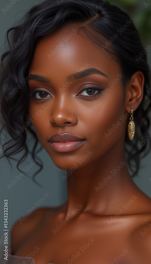 Obraz premium Portrait of a Woman with a Gold Earring and Off-Shoulder Dress