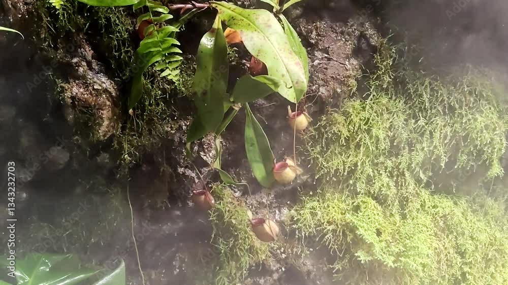 Lush green moss and vibrant tropical plants with unique pitcher flowers thrive in misty rainforest, showcasing beauty of nature and diverse flora in serene environment.