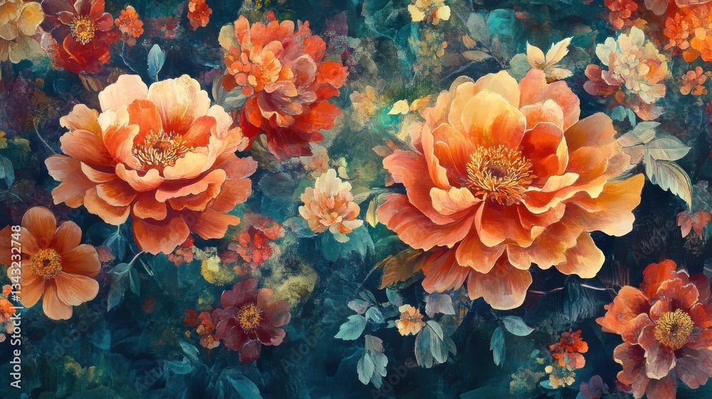 Fototapeta premium Pintura de flores hermosas en tonos naranjas y rojos