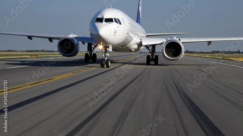 Passenger jet taking off from runway: aerial front view capturing powerful ascent and engine thrust