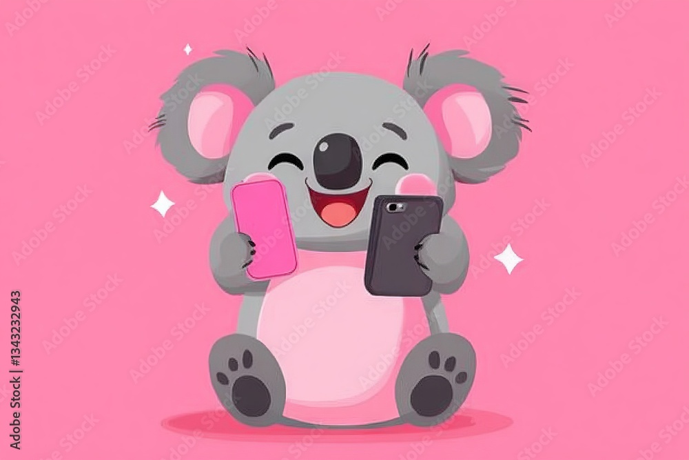Cute koala character happily using two smartphones on a pink background with a joyful expression and vibrant details Cute koala character happily using two smartphones on a pink background with a joyful expression and vibrant details