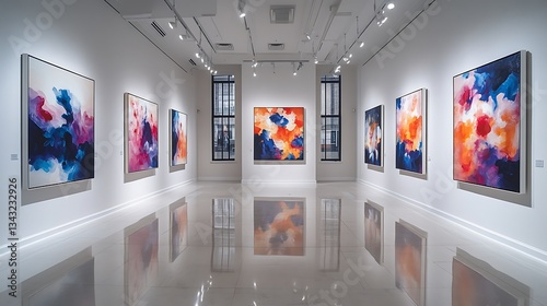 A sunlit art gallery within a residence, showcasing abstract paintings on pristine white walls with track lighting highlighting each piece