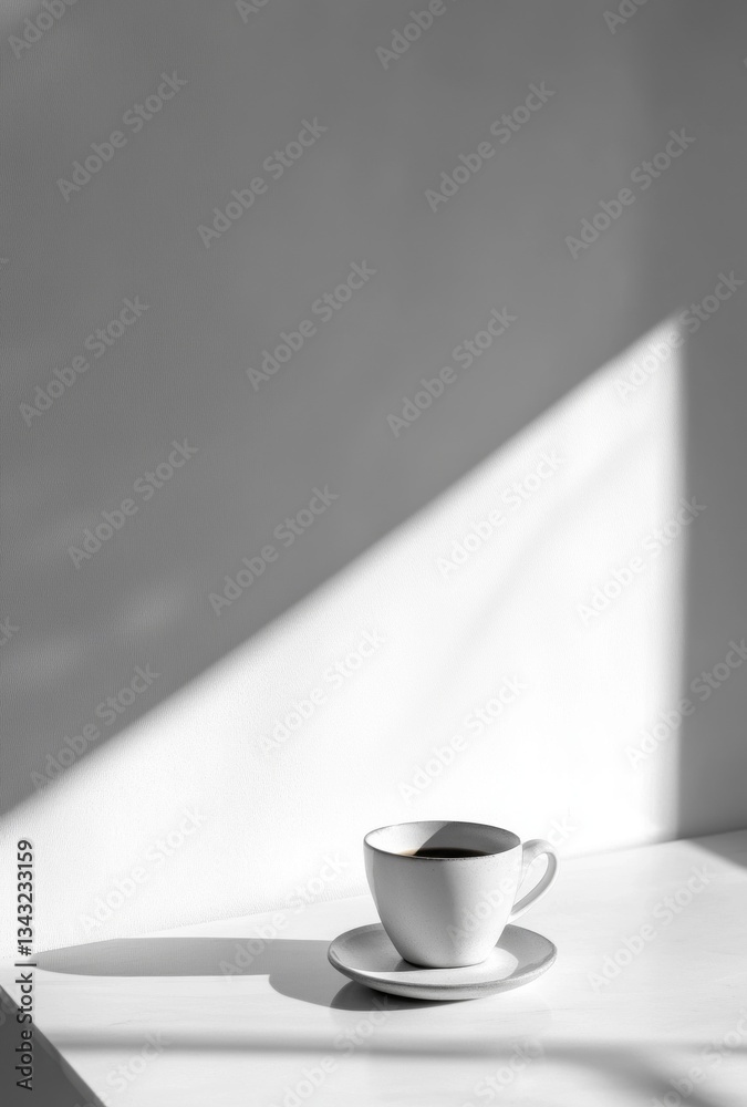 A white coffee cup rests on a clean table, illuminated by soft morning light. Shadows dance across the surface, creating a tranquil and artistic atmosphere A white coffee cup rests on a clean table, illuminated by soft morning light. Shadows dance across the surface, creating a tranquil and artistic atmosphere
