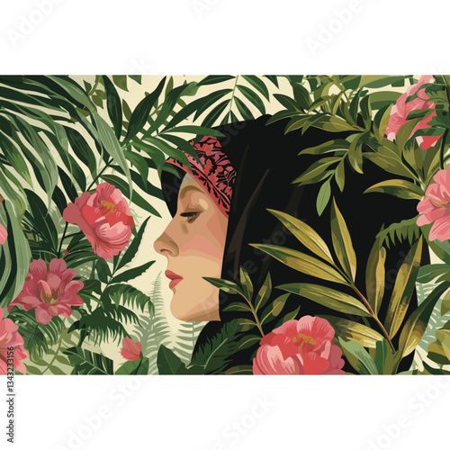 Muslim woman portrait illustration flowers nature vector