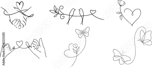 Simple vector sketch of love theme with hands, butterflies, and heart vines – ideal for tattoo design, greeting cards, and minimalist posters, romantic wall decor