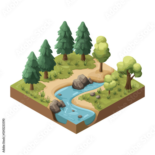 Small forest with a river isometric landscape trees vector